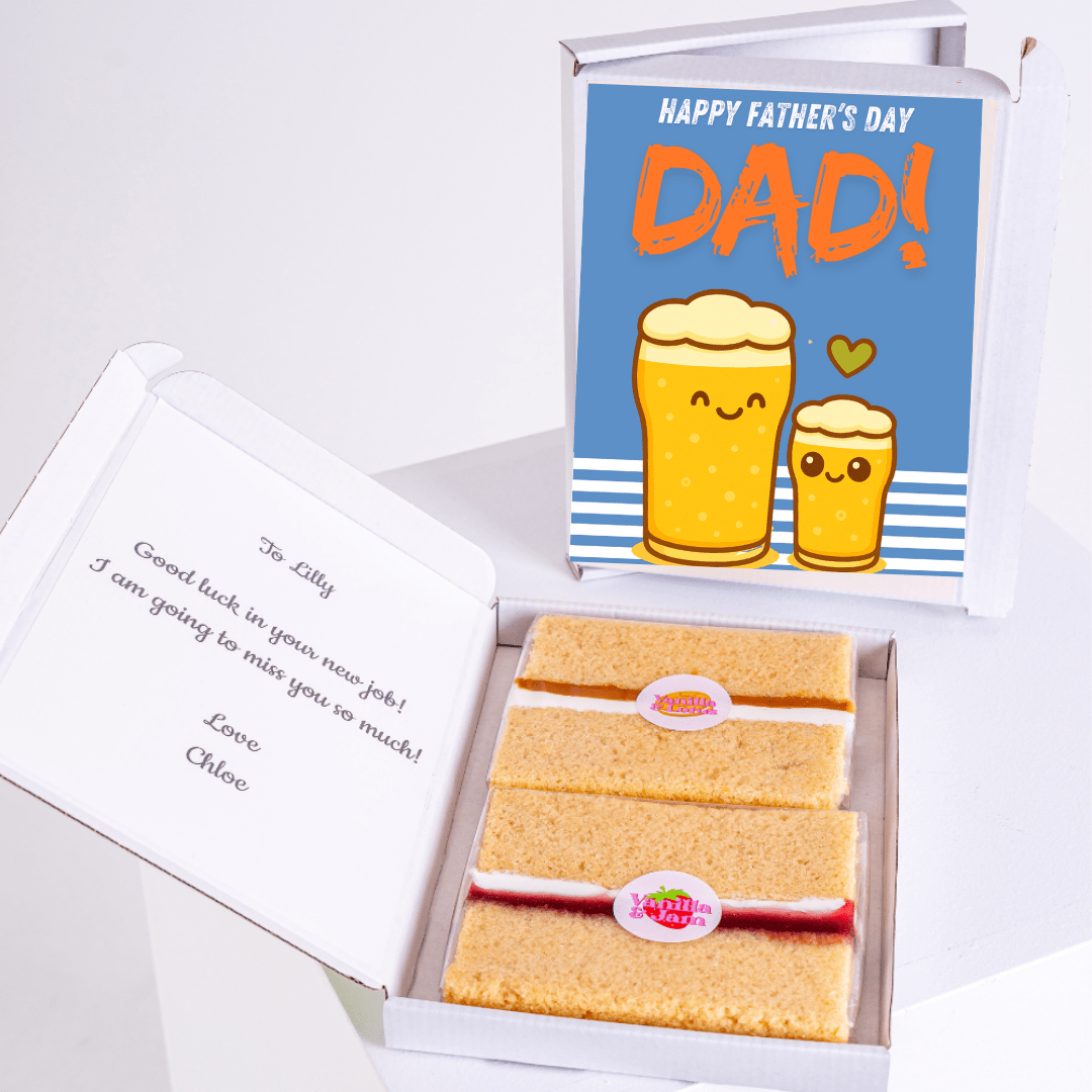 Father's Day gift box with cake and Dad! card.