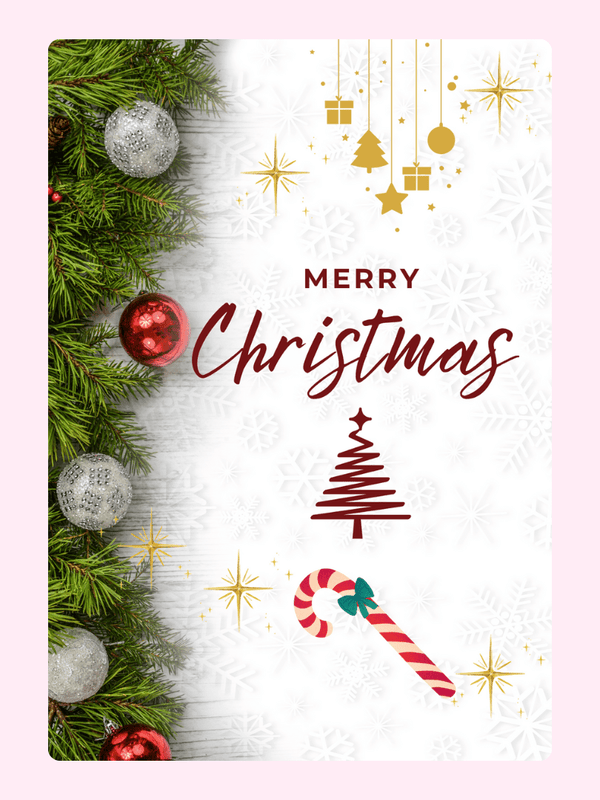 Merry Christmas card with ornaments and greenery.