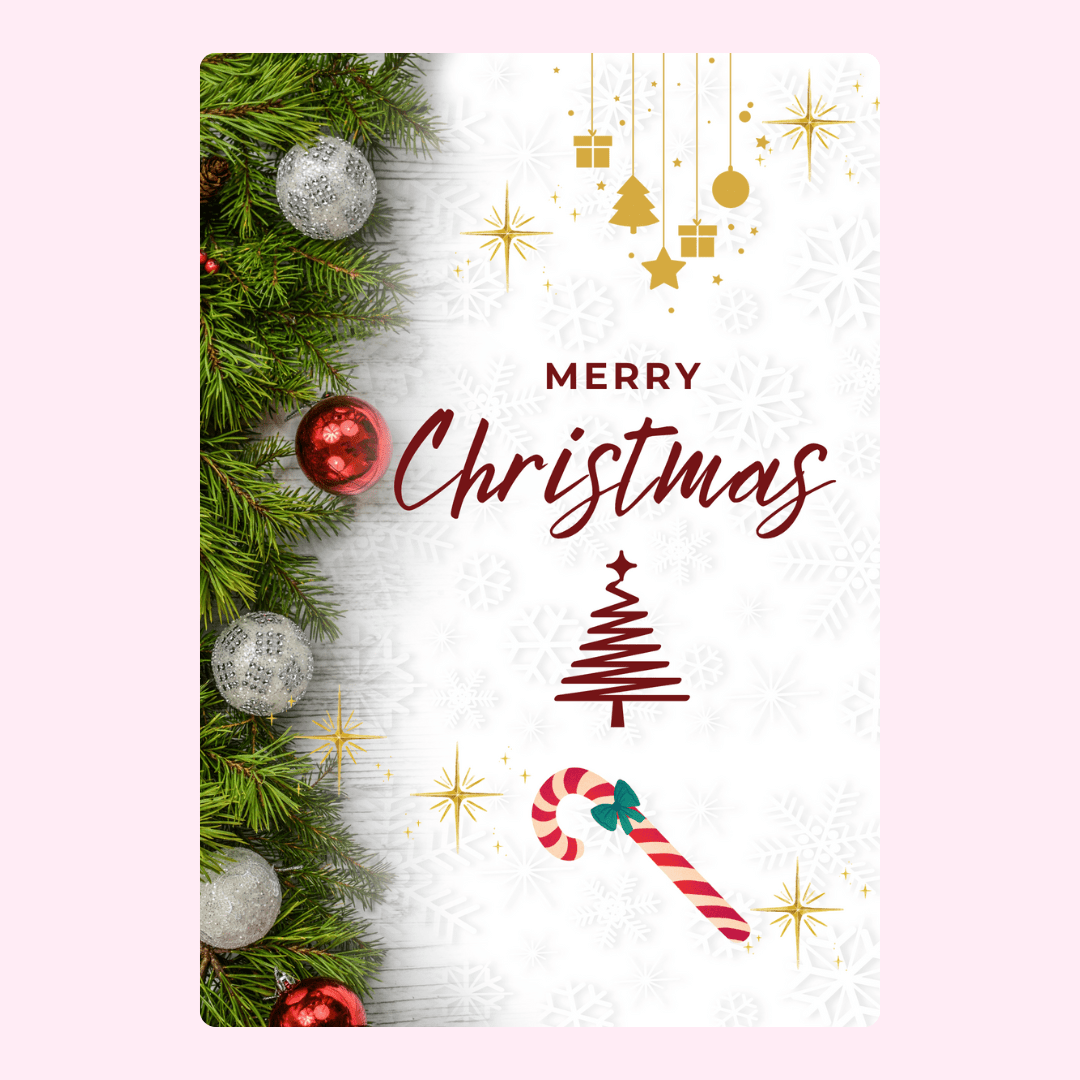 Merry Christmas card with ornaments and greenery.