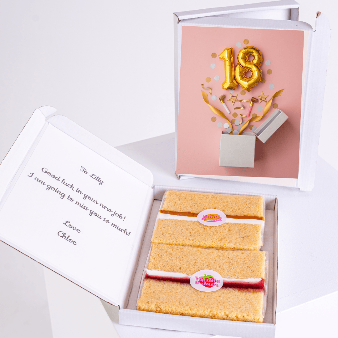 18th birthday cake card with gold balloon design and mini cake slices inside gift box