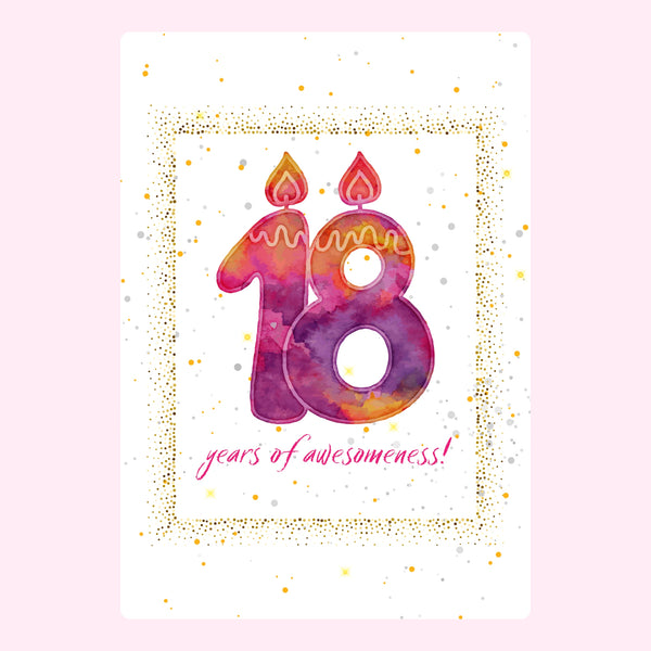 18th birthday card with colorful number candles and years of awesomeness text