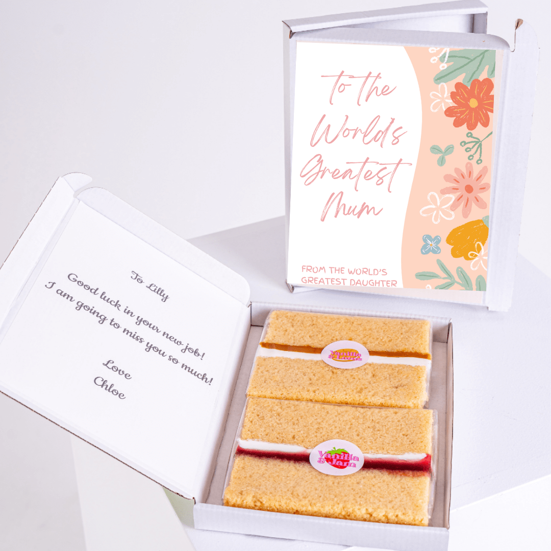 Cake gift box for Lilly, World's Greatest Mum card, farewell message.