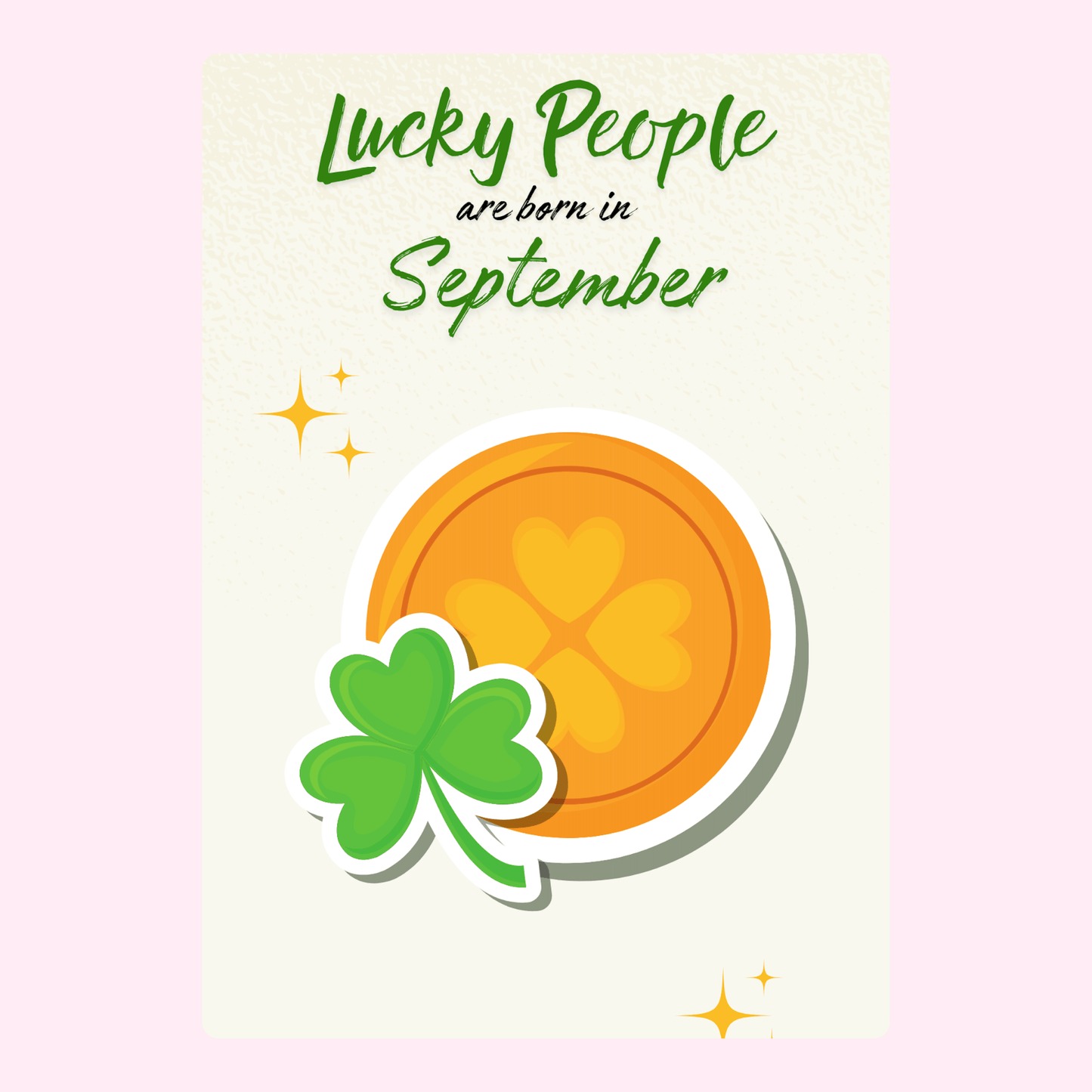 September birthday card with coin and clover