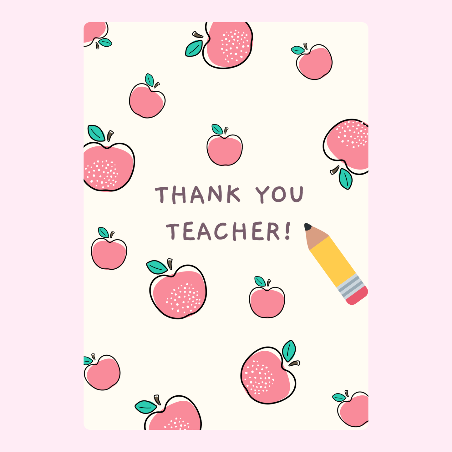Thank you teacher card with apples and pencil