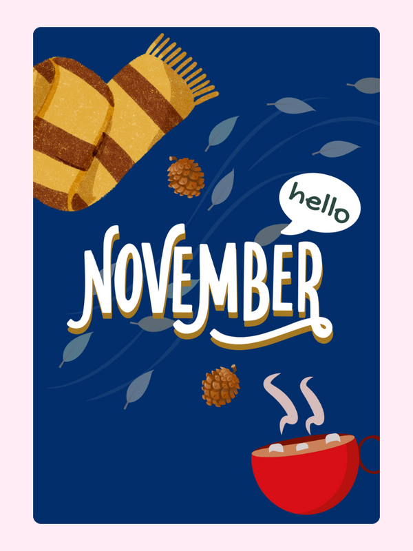 November greeting card with scarf and hot cocoa