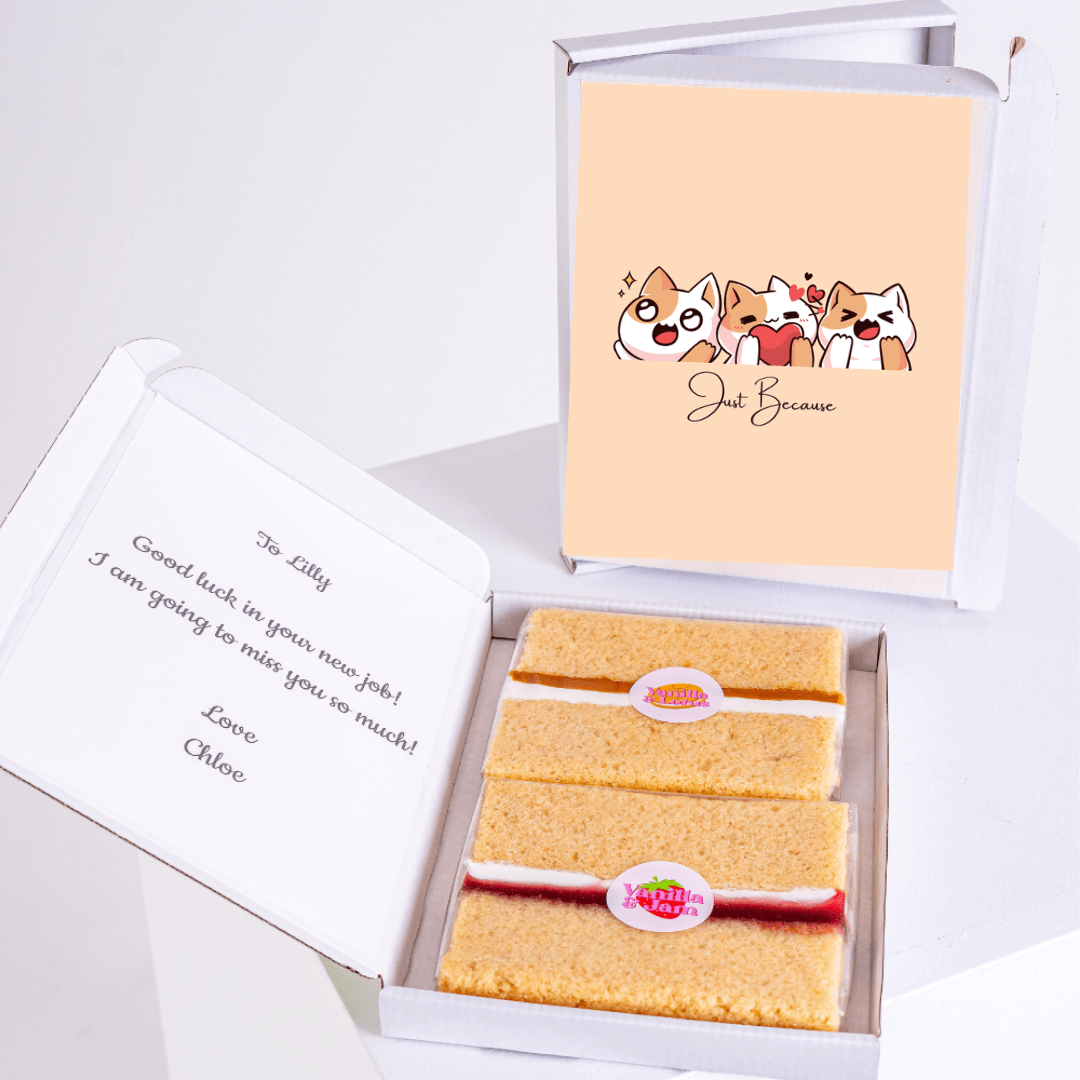 Farewell cake gift for Lilly, with a note and cute cat card.