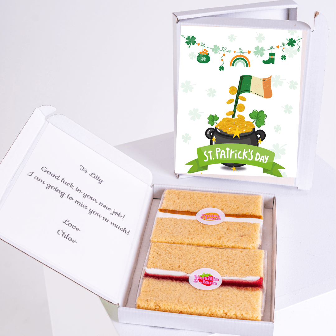St. Patrick's Day cake gift box with card, farewell message to Lilly.