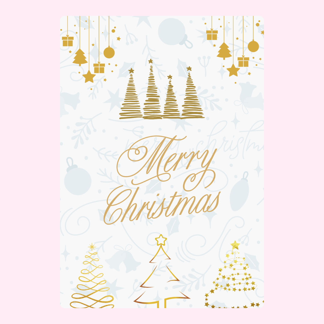 Merry Christmas card with gold trees and decor