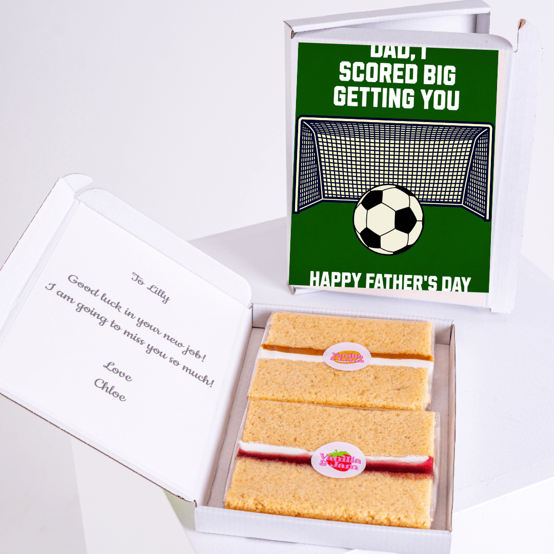 Father's Day cake gift with soccer theme and note.