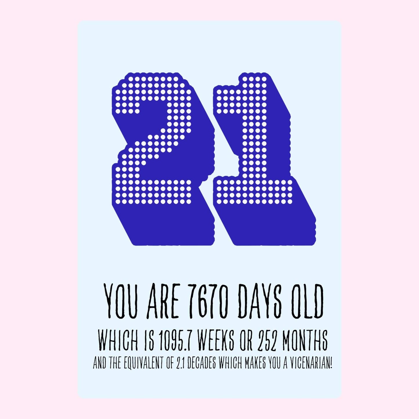 21 birthday card with age facts and numbers