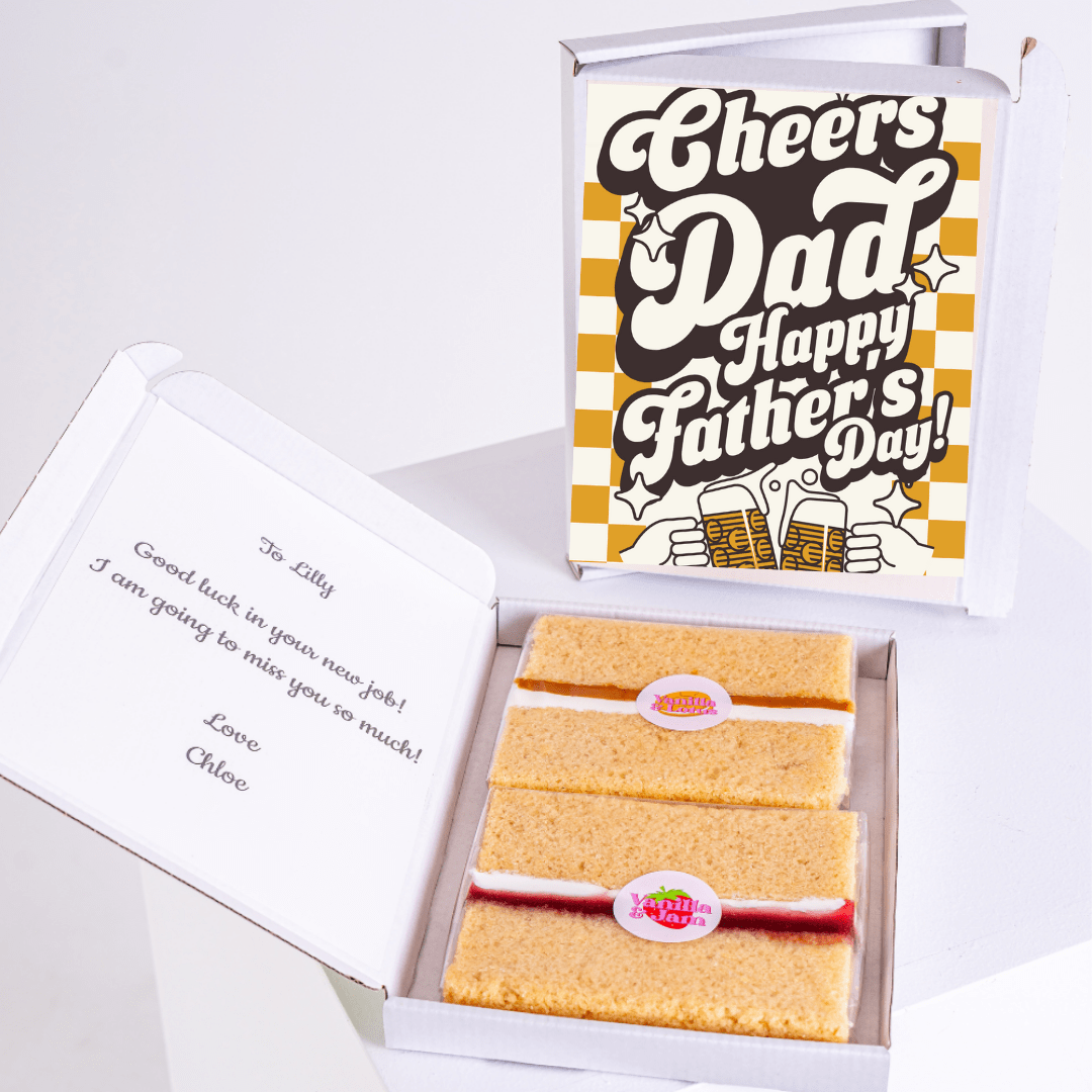 Father's Day cake gift with Cheers Dad card and message.
