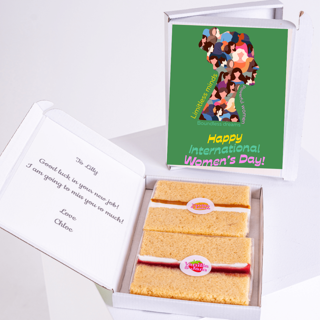 International Women's Day cake box with message for Lilly