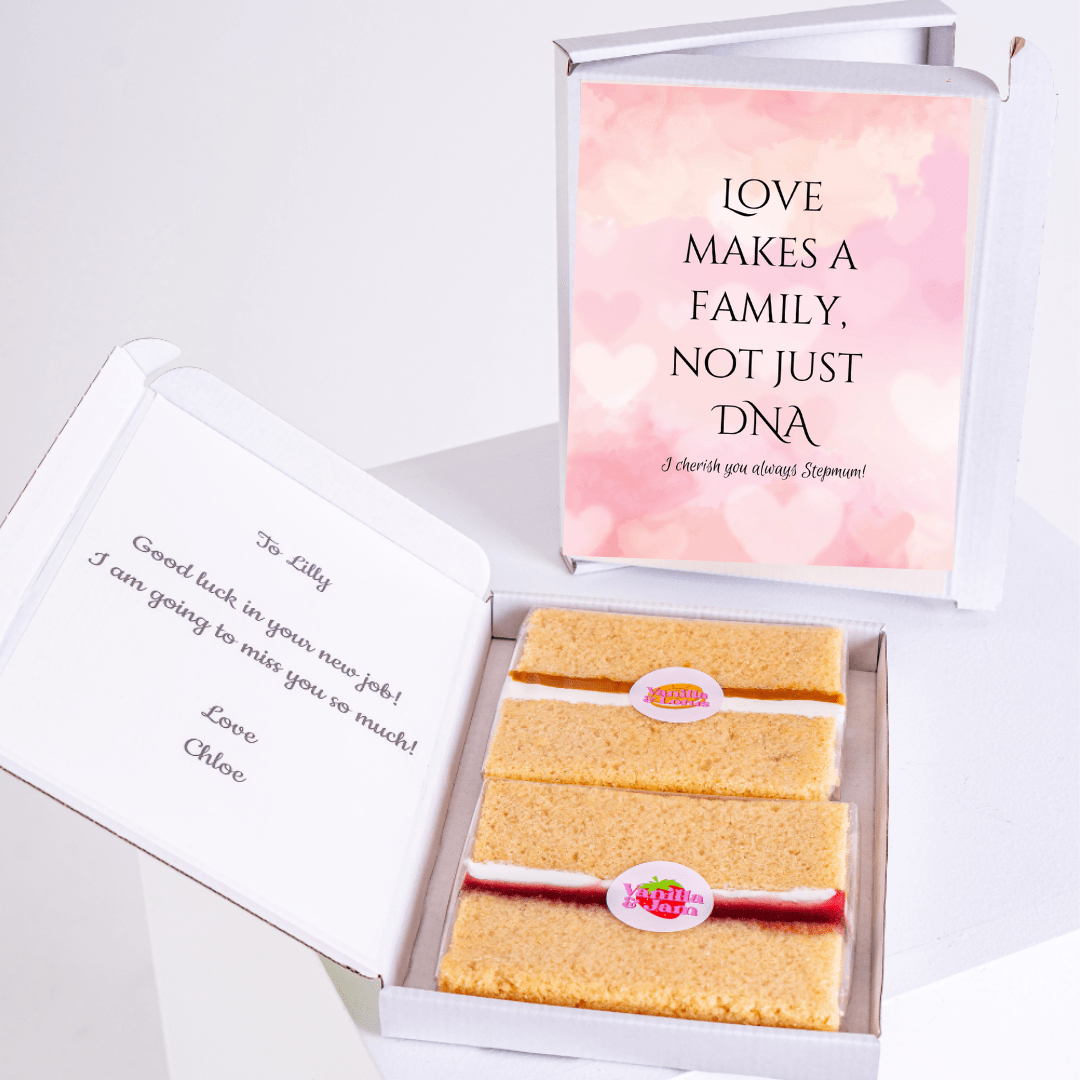 Gift box with cake and message Love makes a family