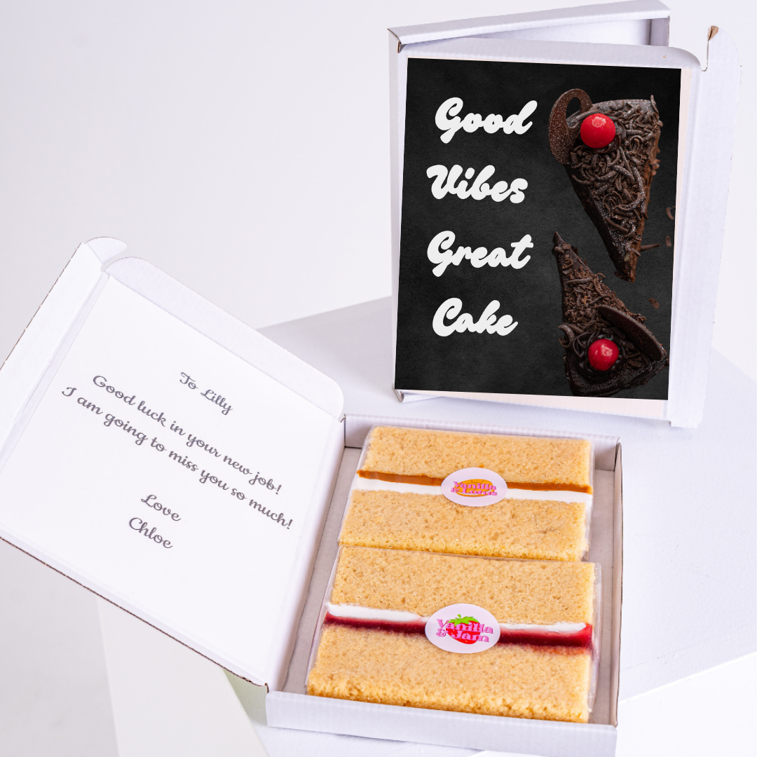 Cake gift box with Good Vibes Great Cake & To Lilly message.