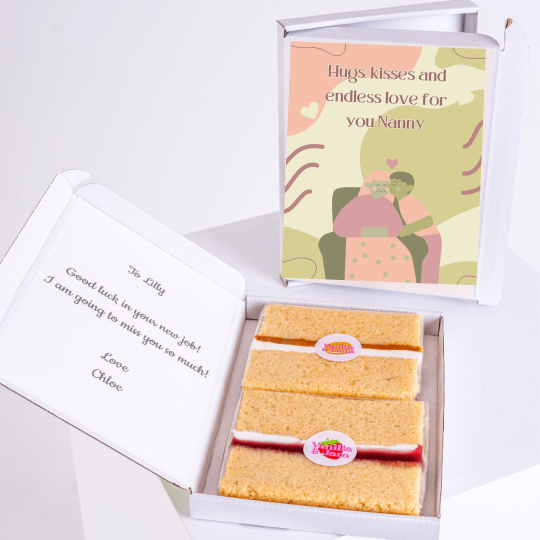 Gift box with cake and message Hugs kisses and endless love for you Nanny