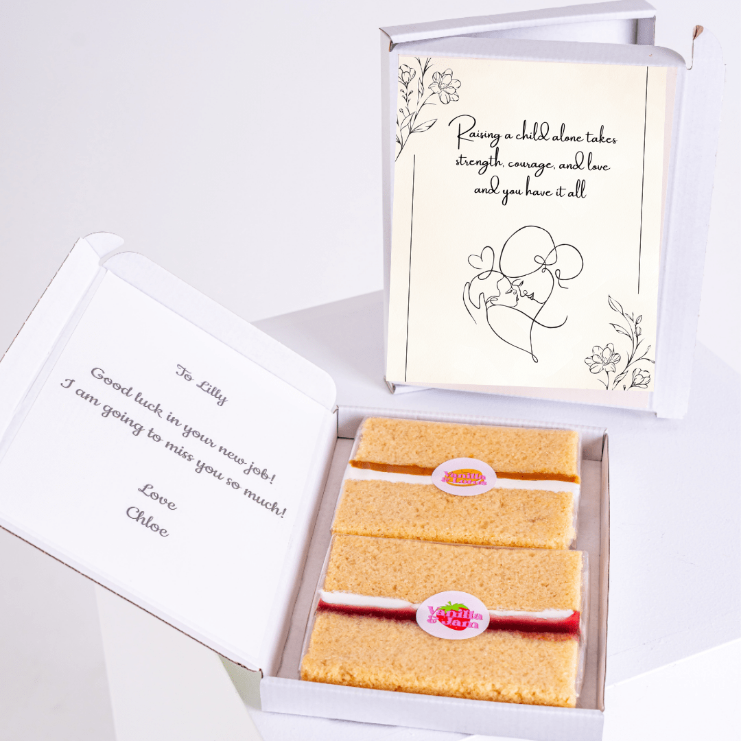 Cake gift box with card, Good luck Lilly, and Raising a child...