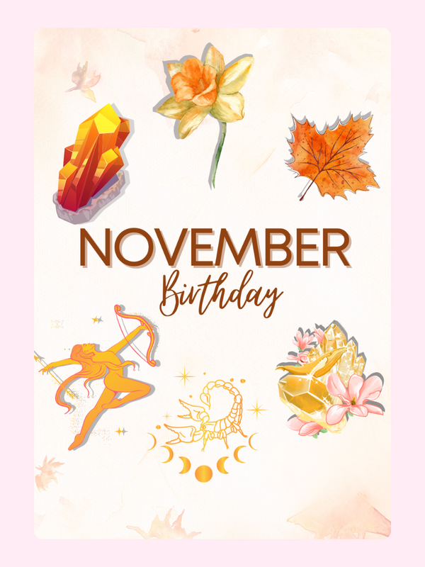 November Birthday graphic with zodiac and flowers
