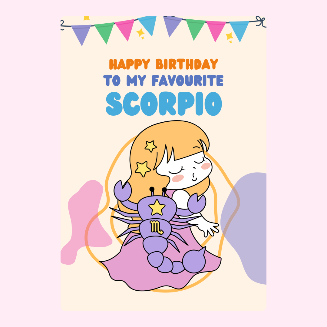 Birthday card for Scorpio with cartoon illustration