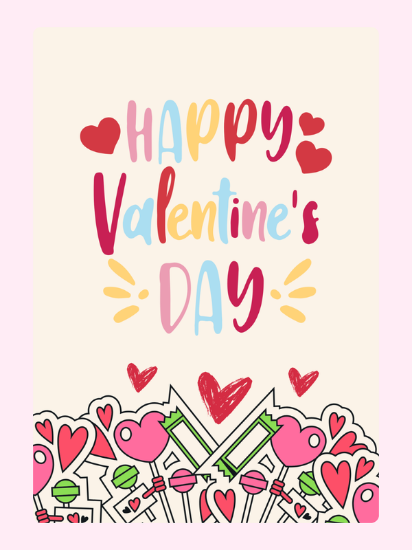 Happy Valentine's Day card with hearts and candy