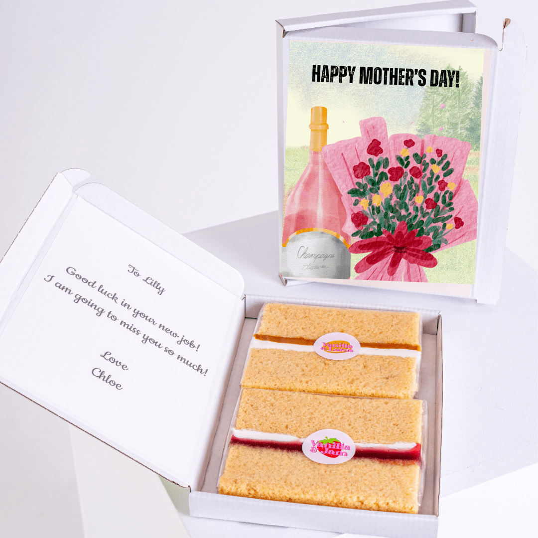 Mother's Day gift box with cake, flowers, and champagne for Lilly.