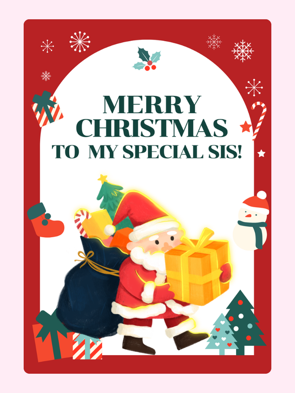 Christmas card to sister, Santa with gifts