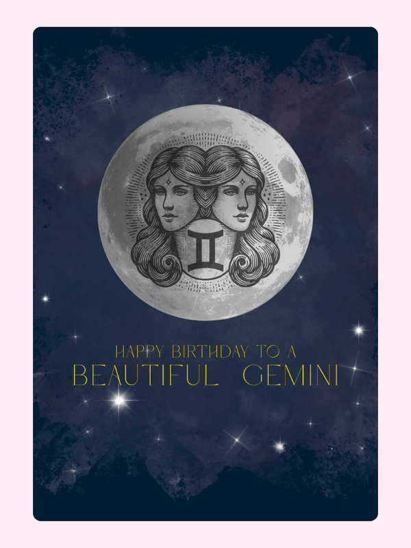 Gemini birthday card with moon and stars