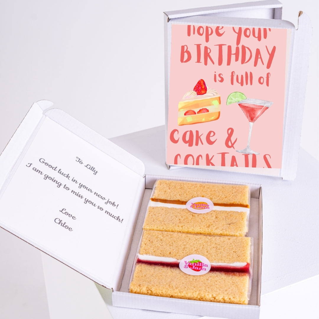 Letterbox cake with cake and cocktail birthday design