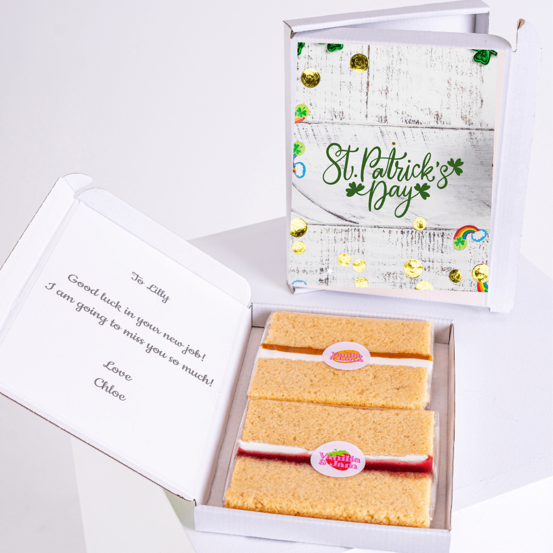 St. Patrick's Day cake gift box for Lilly, good luck message.