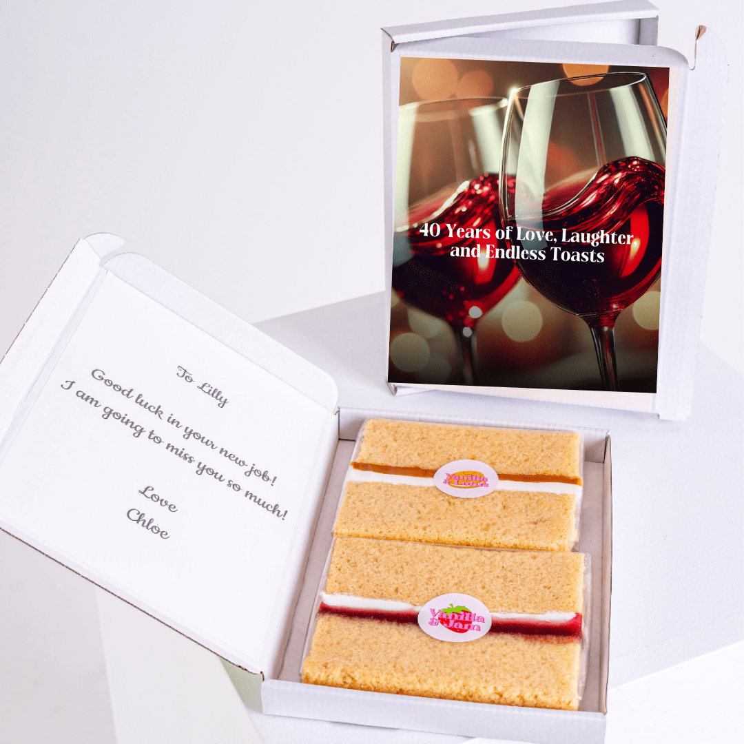 Gift box with cake and wine glasses, 40th anniversary toast.