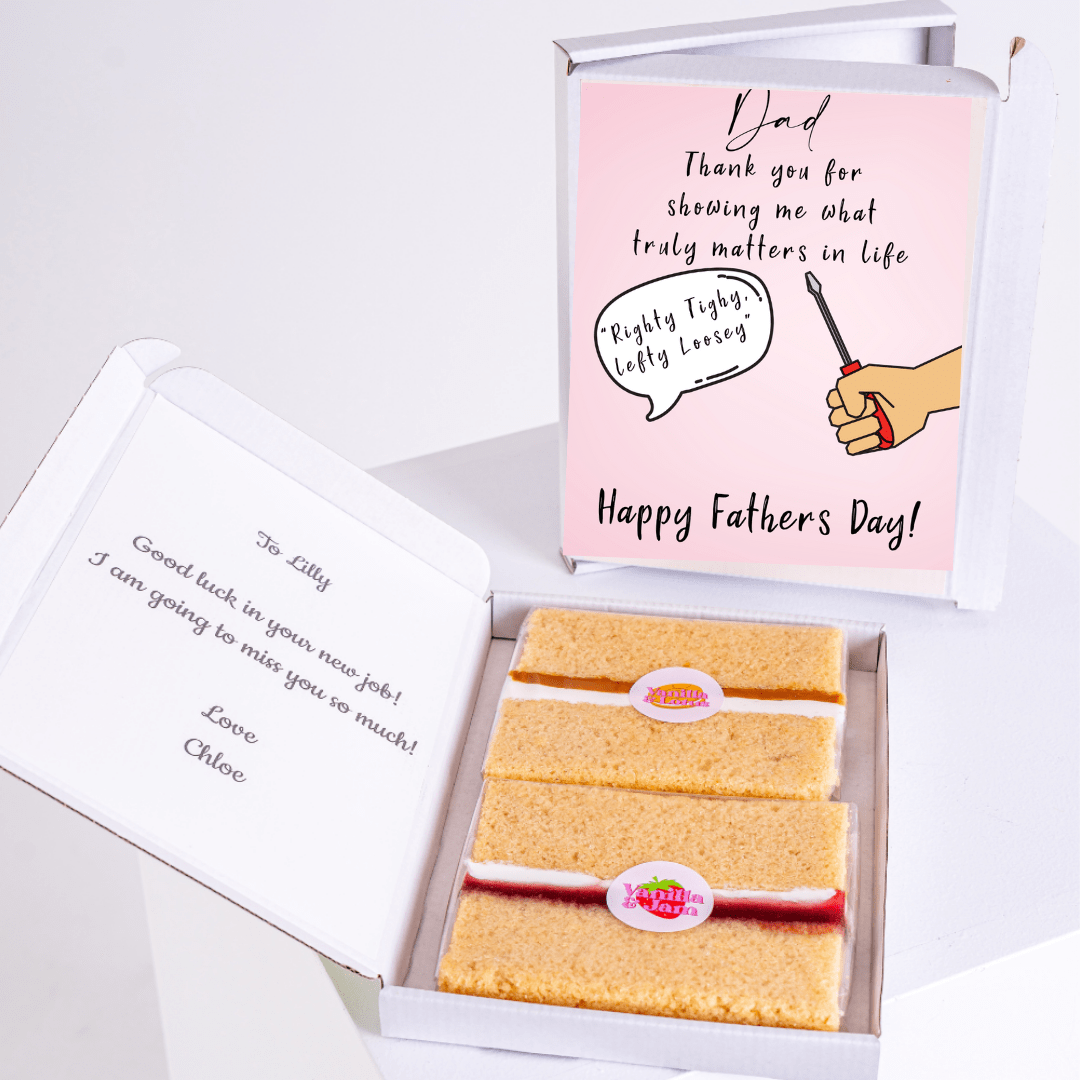 Father's Day card & cake gift box with message for Dad & farewell note.