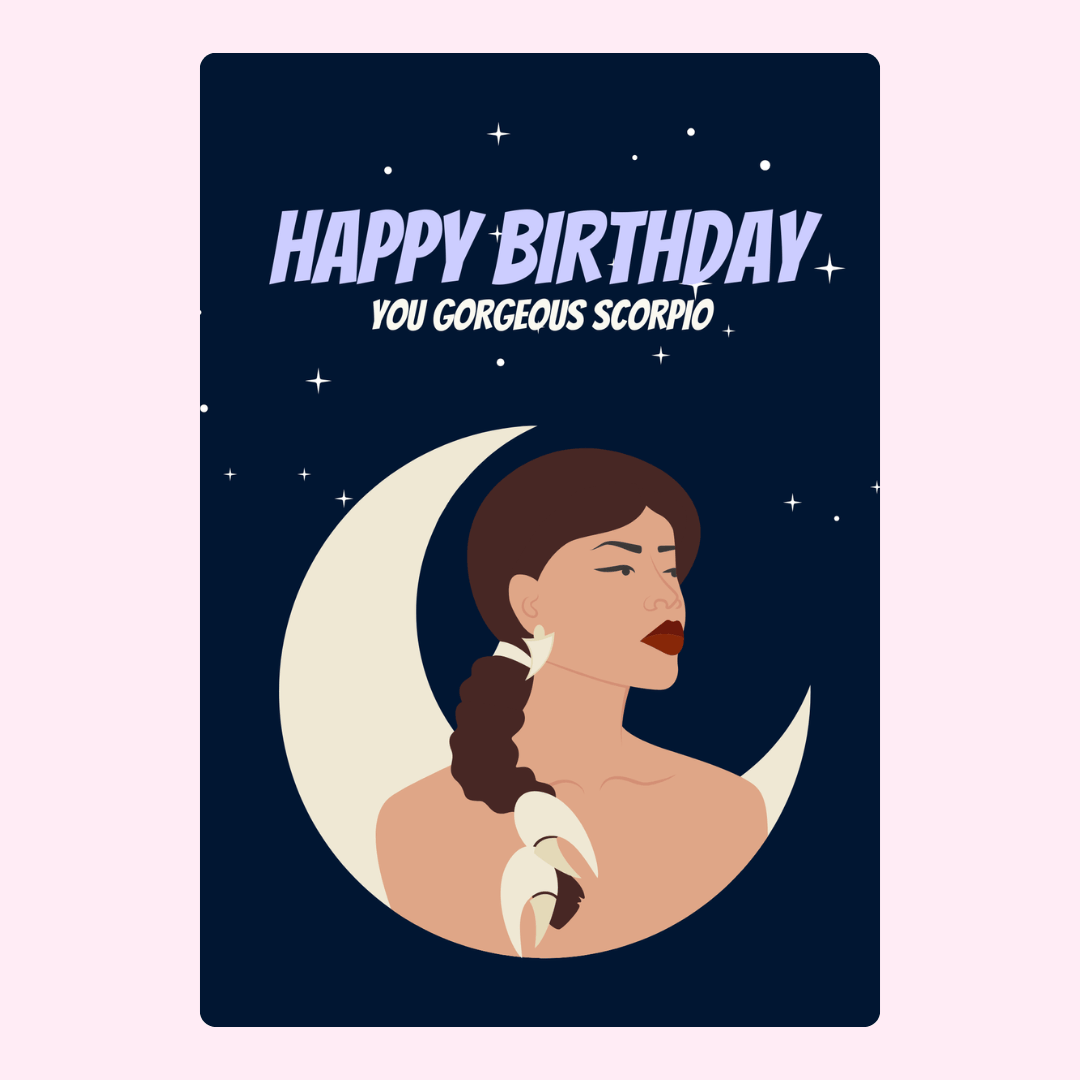 Happy Birthday Scorpio card with woman and moon.