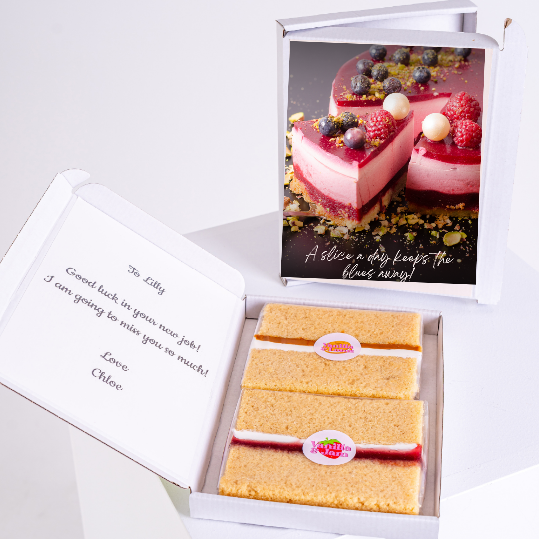 Cake gift box for Lilly with message and slice of cake.