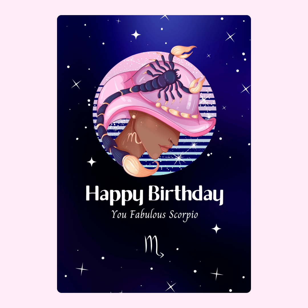 Scorpio birthday card with text and zodiac art