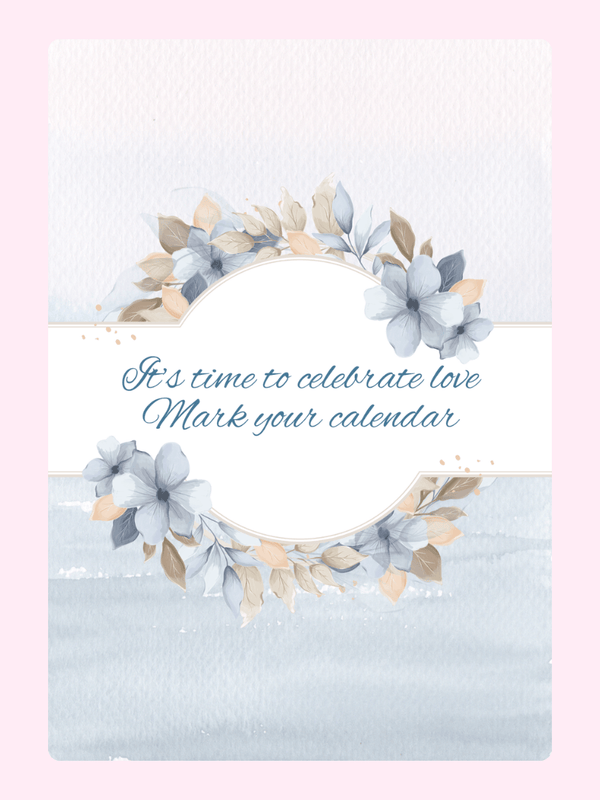 Wedding invitation with floral wreath, celebrate love, mark calendar.