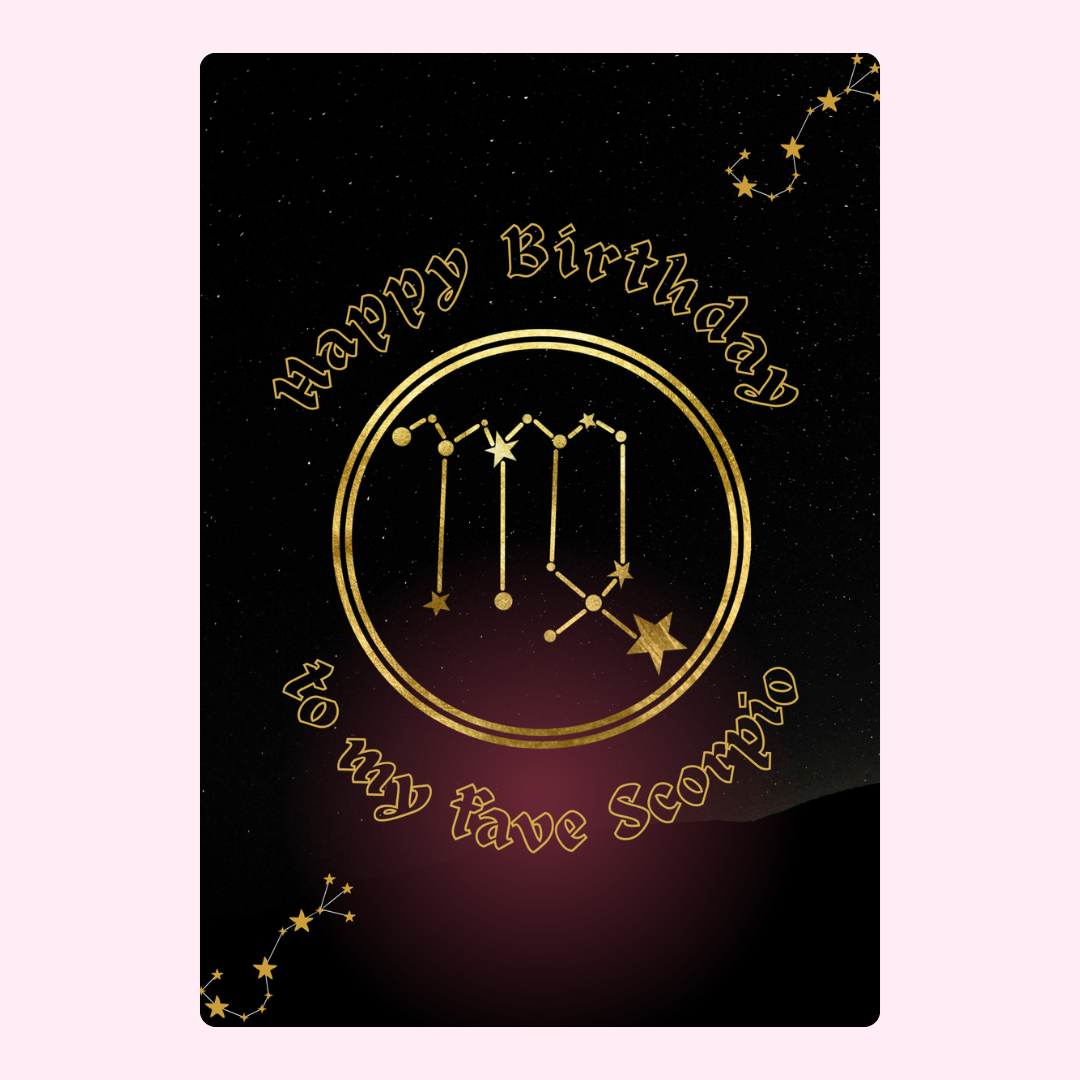 Birthday card for a Scorpio with zodiac symbol.