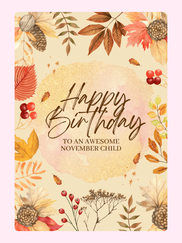 Happy Birthday card with fall leaves and text.