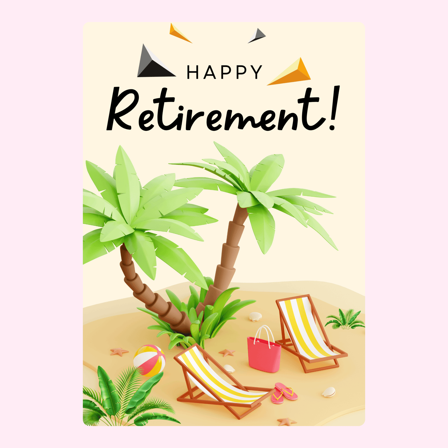 Happy Retirement card with palm trees and beach chairs