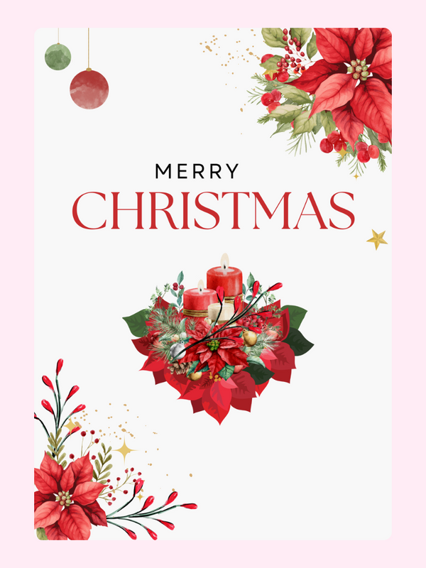 Merry Christmas card with poinsettias and candles.