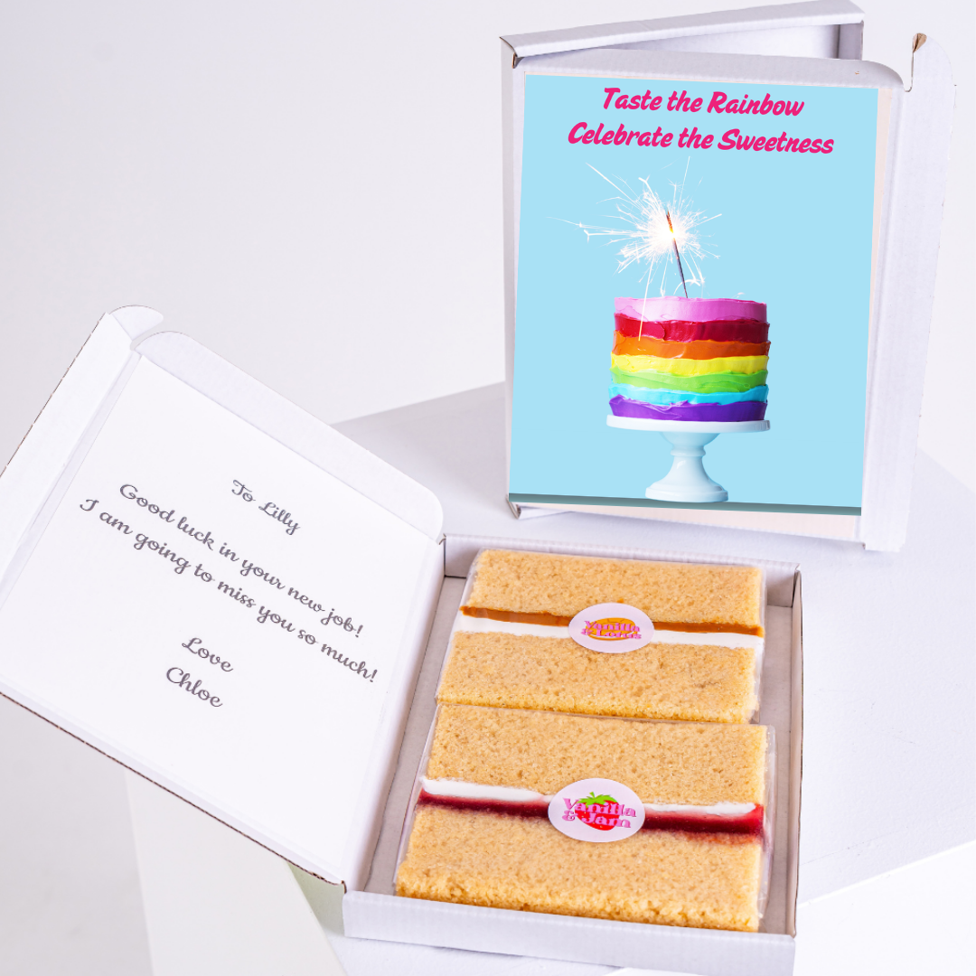 Cake gift box for Lilly with message and rainbow cake image.