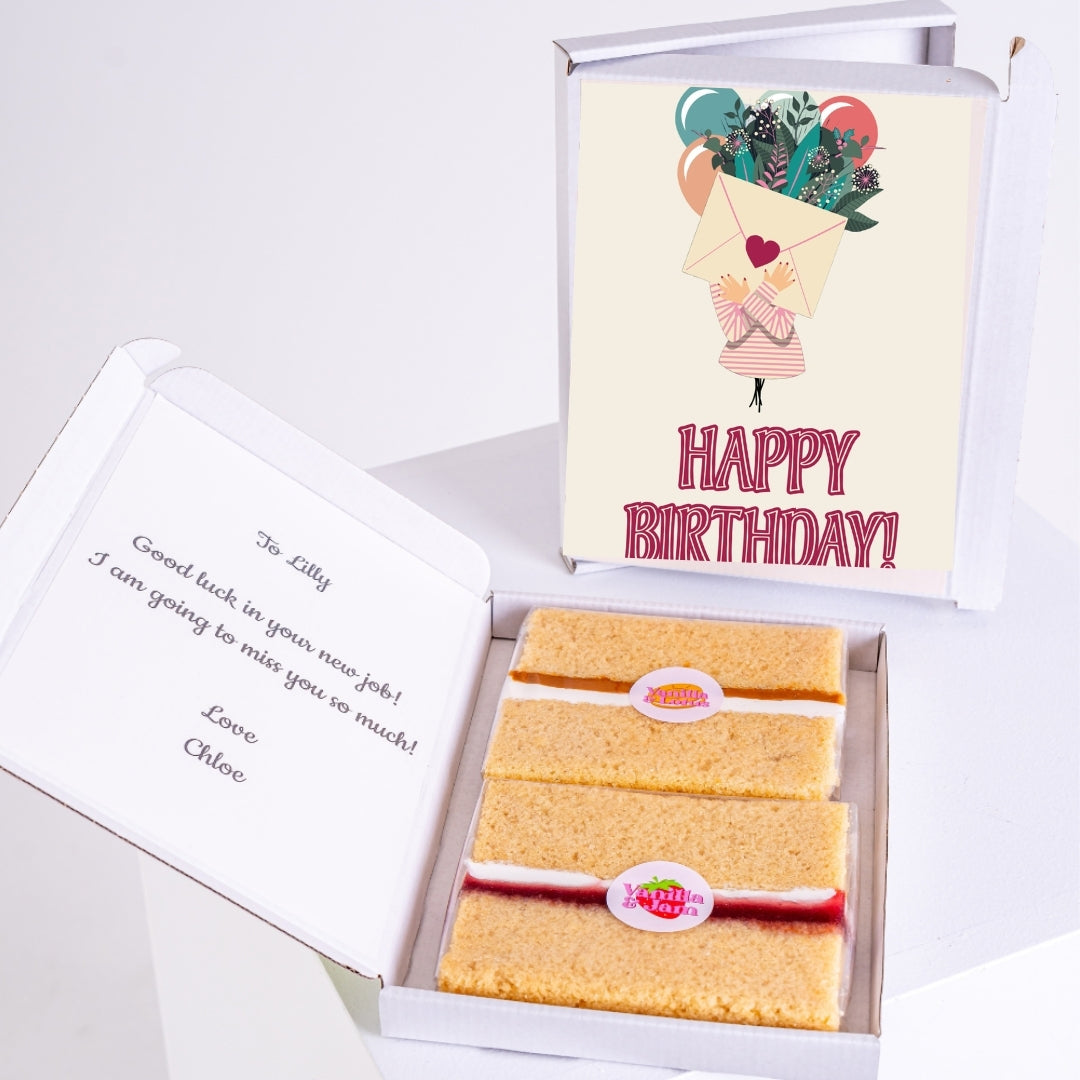 Vanilla cake gift with playful floral balloon theme