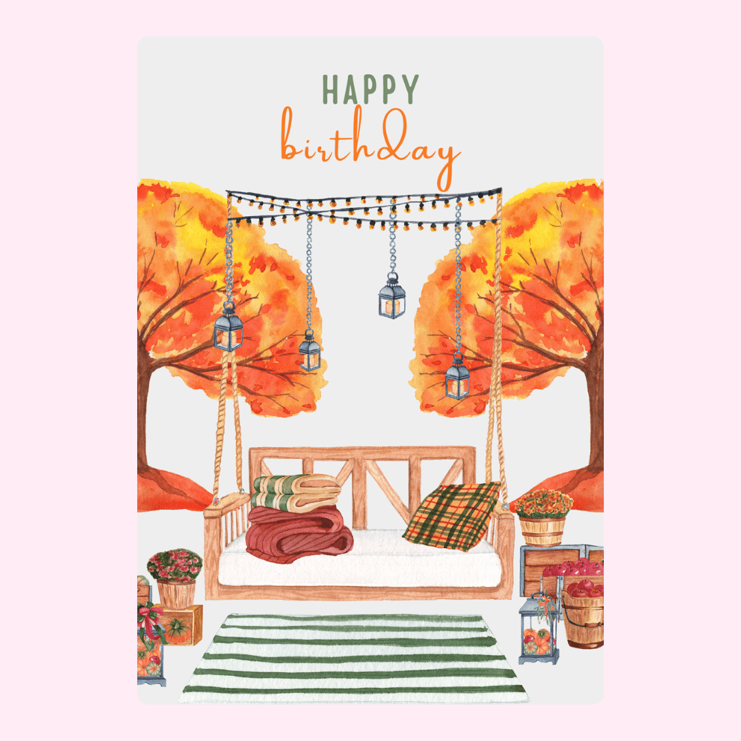 Happy birthday card with autumn swing and lanterns
