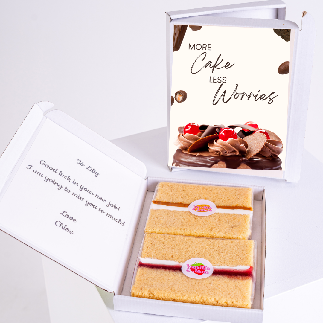 Cake gift for Lilly, saying 'More Cake Less Worries' & 'Good luck in your new...