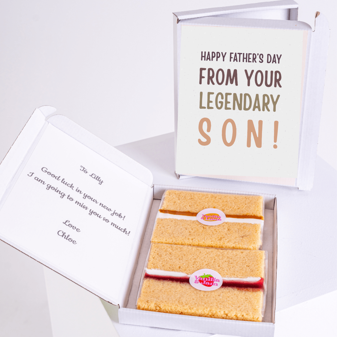 Father's Day gift set with cake and card from son.