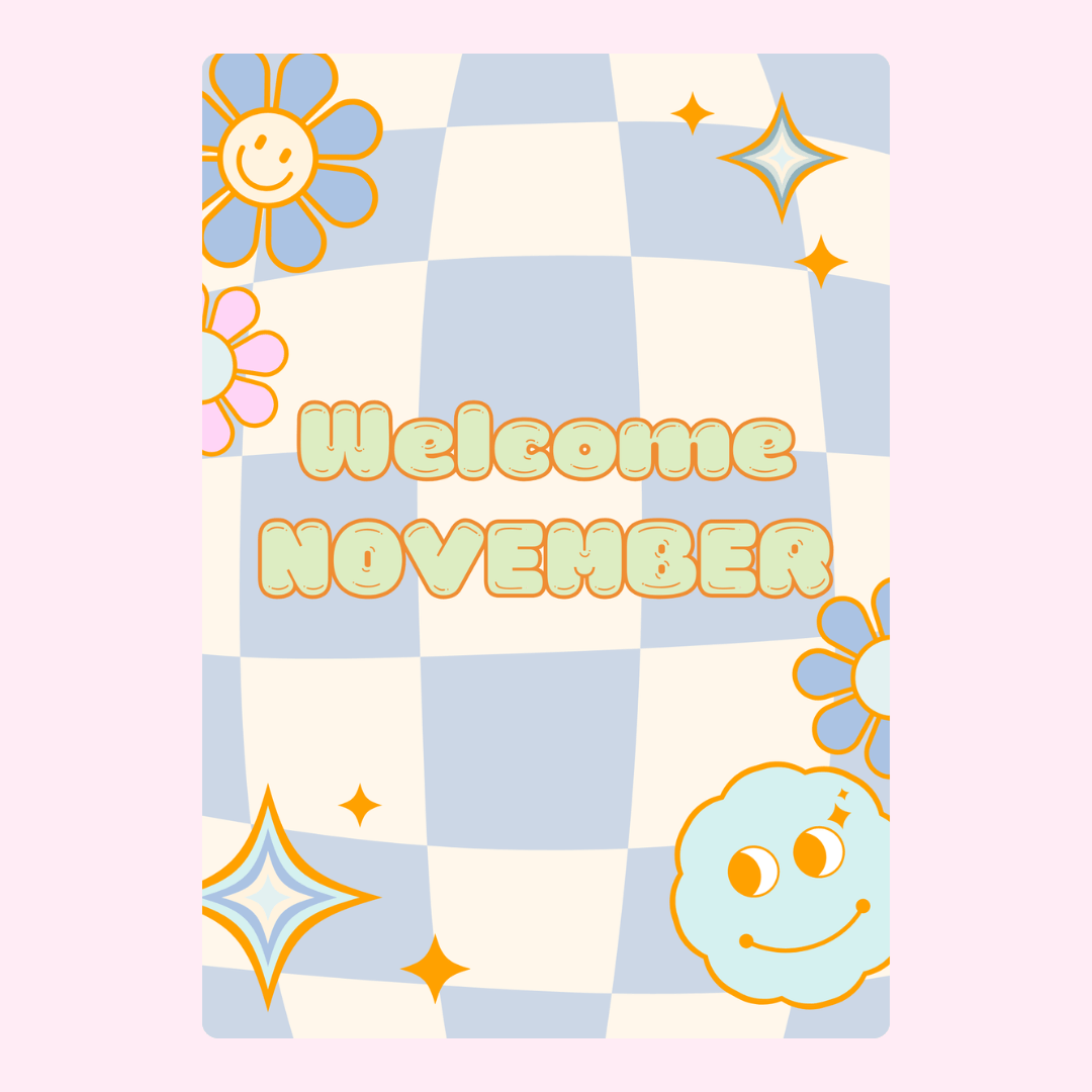 Welcome November card with retro flowers and checkered background