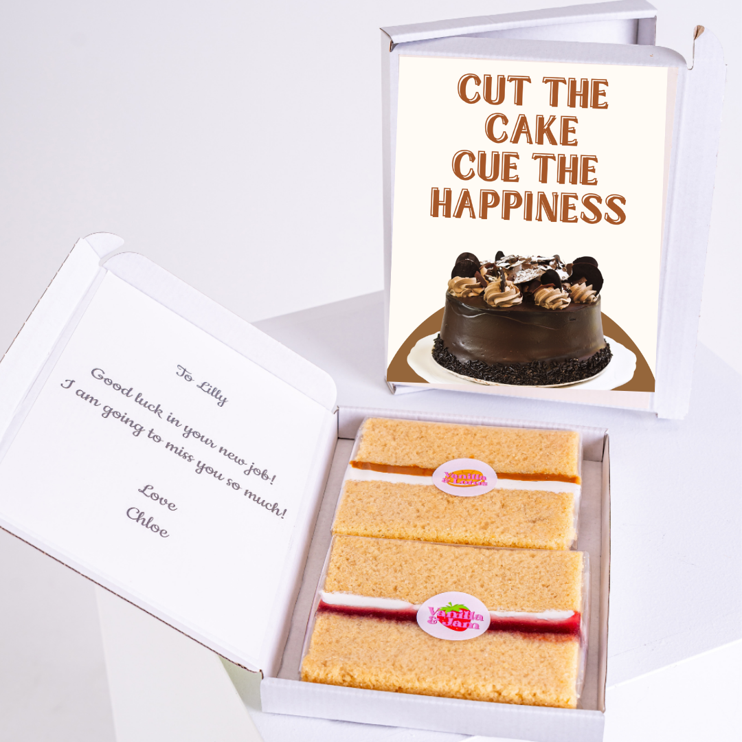 Cake box with Cut the cake card & farewell message for Lilly.