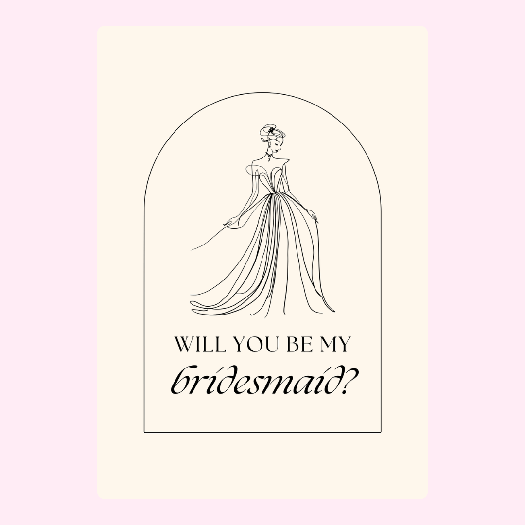 Bridesmaid proposal card with elegant dress illustration