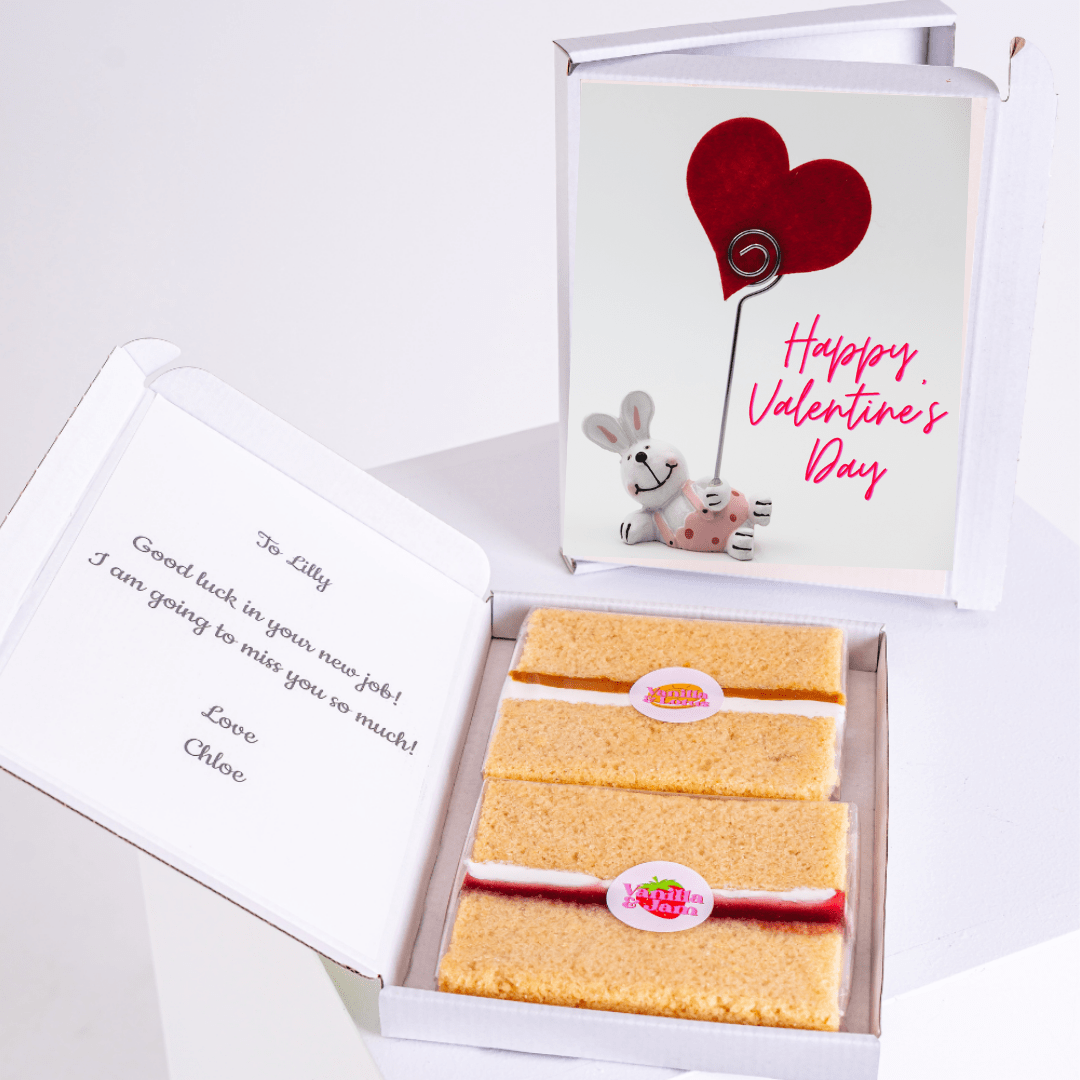 Valentine's Day cake gift box for Lilly with note and heart card.