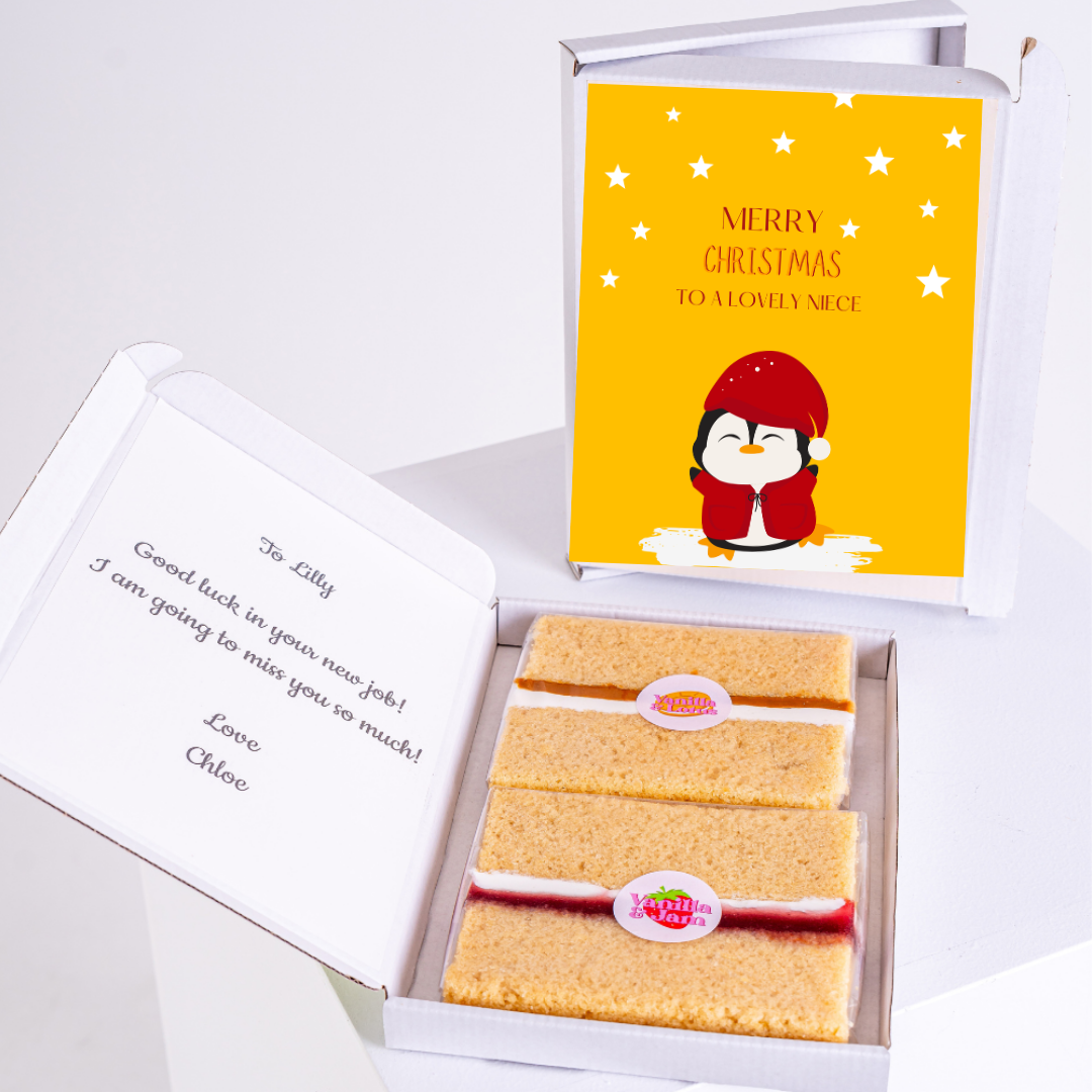 Christmas cake gift box with penguin card, for Lilly.