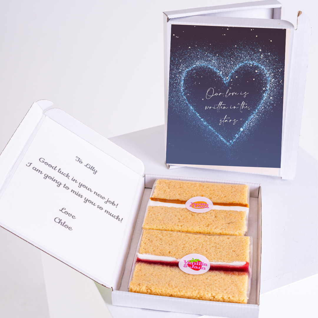 Cake gift box with Our love is written in the stars card, for Lilly.