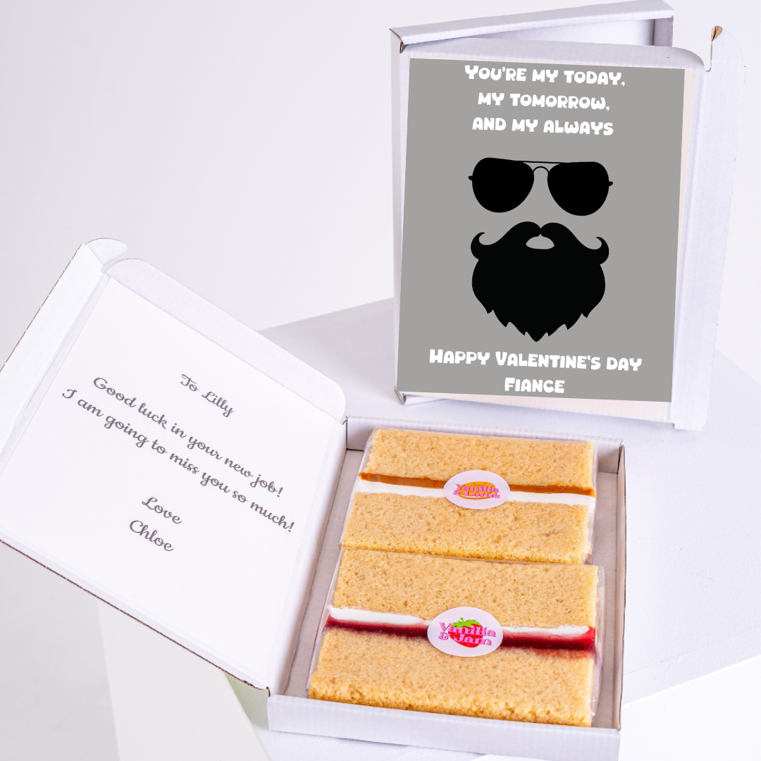 Valentine's Day gift box with cake and message for fiance.